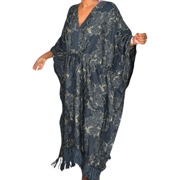 Billy Reid Jacquard Kaftan Dress Blue Long Oversized Caftan Fringe Medium Large - Picture 14 of 16